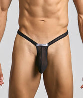 Black sheer mesh thong with a silver justin simon label at center from the Justin plus Simon Bulge Thong Mesh collection