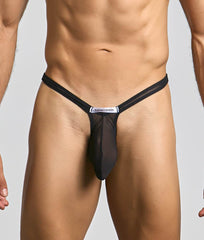 Black sheer mesh thong with a silver justin simon label at center from the Justin plus Simon Bulge Thong Mesh collection