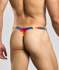 Justin + Simon bulge thong with rainbow-striped vibrant pattern and snug form-fitting design shown from the back side