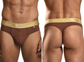 Brown microfiber thong with a gold logo waistband and small Xtremen brand tag on the front hip.