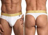 White microfiber thong featuring a gold branded elastic waistband and Xtremen logo patch on the front.