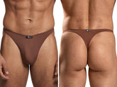 Xtremen brown microfiber thong with a minimalist design, featuring a small branded logo tab on the front and back.