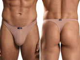 Beige microfiber thong by Xtremen. Minimalist design with thin side straps and a small branded logo tag on the front.