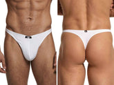 White microfiber thong by Xtremen with front and back logo patches. Minimalist design with narrow waistband.