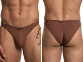 Brown microfiber bikini brief with Xtremen logo tag on the front and ruched back detail.