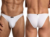 White microfiber bikini briefs with a center seam, featuring a black branded label on the front and back waistband.