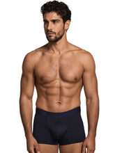 Navy boxer briefs in microfiber with a tonal hexagonal pattern on the pouch and a branded elastic waistband.