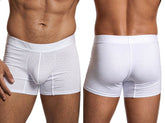 Xtremen white microfiber boxer briefs featuring a textured hexagonal pattern and a wide tonal elastic waistband.
