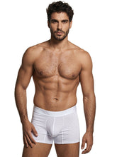 White Xtremen boxer brief in geometric-patterned microfiber with a wide, tonal waistband.
