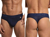 Navy blue microfiber thong by Xtremen featuring a hexagonal pattern, contoured pouch, and branded elastic waistband.