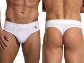 White Xtremen thong in mesh microfiber featuring a branded elastic waistband and subtle hexagonal pattern.