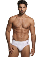 Xtremen white microfiber bikini brief with a contoured pouch and black logo patch on the waistband.