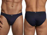 Navy microfiber bikini brief with a tonal hexagonal pattern and Xtremen branded waistband logo. Front and back view.