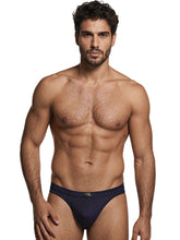 Navy blue microfiber bikini brief with a subtle geometric pattern and branded center waistband label.