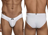 White microfiber bikini brief with embossed hexagonal pattern and front Xtremen logo tab.