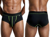 Black men's microfiber trunks with neon green contrast stitching and a branded elastic waistband, shown front and back.