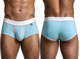 Light blue microfiber trunks with white waistband, orange contrast stitching, and small logo tag.