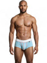 Light blue microfiber trunks with white waistband, orange contrast stitching, and front center logo.
