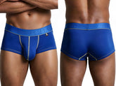 Royal blue microfiber trunks with an embossed Xtremen logo waistband and contrasting yellow stitching.