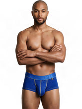 Royal blue microfiber trunks with white contrast stitching and a branded waistband on a male model.