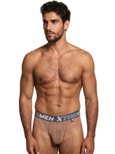 Nude mesh bikini briefs with a supportive contour pouch and a grey, branded Xtremen elastic waistband.