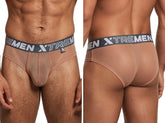 Tan mesh bikini briefs with a grey logo waistband and an Xtremen brand tag on the front left.