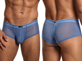 Blue mesh bikini briefs with tonal waistband, logo tag, and contoured pouch, shown from front and back views.