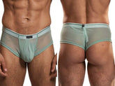 Xtremen sage green mesh bikini brief with a white-trimmed elastic waistband and logo tab on front and back.
