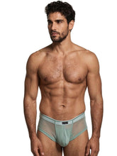 Sage green mesh bikini brief by Xtremen with a contoured pouch, light piping detail, and center-front logo patch.