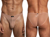 Xtremen nude mesh bikini brief with sheer fabric, front center label, and back waistband logo patch.