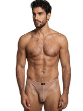 Beige Xtremen bikini underwear in sheer mesh fabric with a small center logo tag.