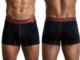 Black microfiber boxer briefs with red contrast stitching and a grey waistband featuring red "XTREMEN" text.