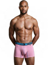 Pink microfiber boxer briefs with a wide blue logo waistband and contrasting blue stitching.
