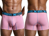 Pink microfiber boxer briefs with a wide blue elastic waistband featuring text and a front pouch.