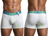 White microfiber boxer briefs with neon green contrast stitching and a wide blue and green logo waistband.