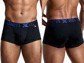 Black microfiber trunks with a blue elastic waistband featuring the brand name.