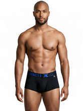 Black men's microfiber trunks with a blue logo waistband.