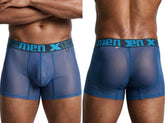Blue mesh boxer briefs with a branded elastic waistband, shown from the front and back.