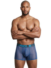 Blue microfiber mesh boxer briefs with a branded elastic waistband.