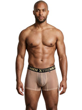 Xtremen brown microfiber mesh boxer briefs with a black waistband and gold logo.