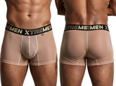 Brown microfiber mesh boxer briefs with a black waistband reading "XTREMEN" in gold.