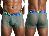 Green mesh boxer briefs with a blue and green logo waistband, shown from front and back.