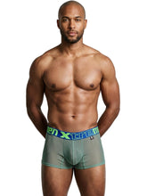 Green microfiber mesh boxer briefs with a blue and green logo waistband.