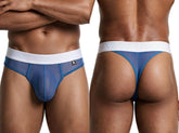 Blue mesh thong with a thick white elastic waistband and brand logo tag.