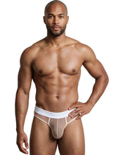 Brown mesh thong with white elastic waistband worn by a model.