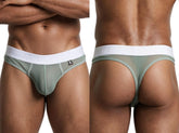 Green mesh thong men's underwear with a wide white waistband and a small logo tag.