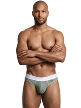 Green microfiber mesh thong with a white elastic waistband featuring a small logo tag.