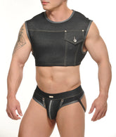Black denim YANNICK muscle top with front pocket and silver stitching details cropped style