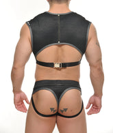 Yannick muscle top black denim-like fabric harness with gray trim and gold-toned buckle front view