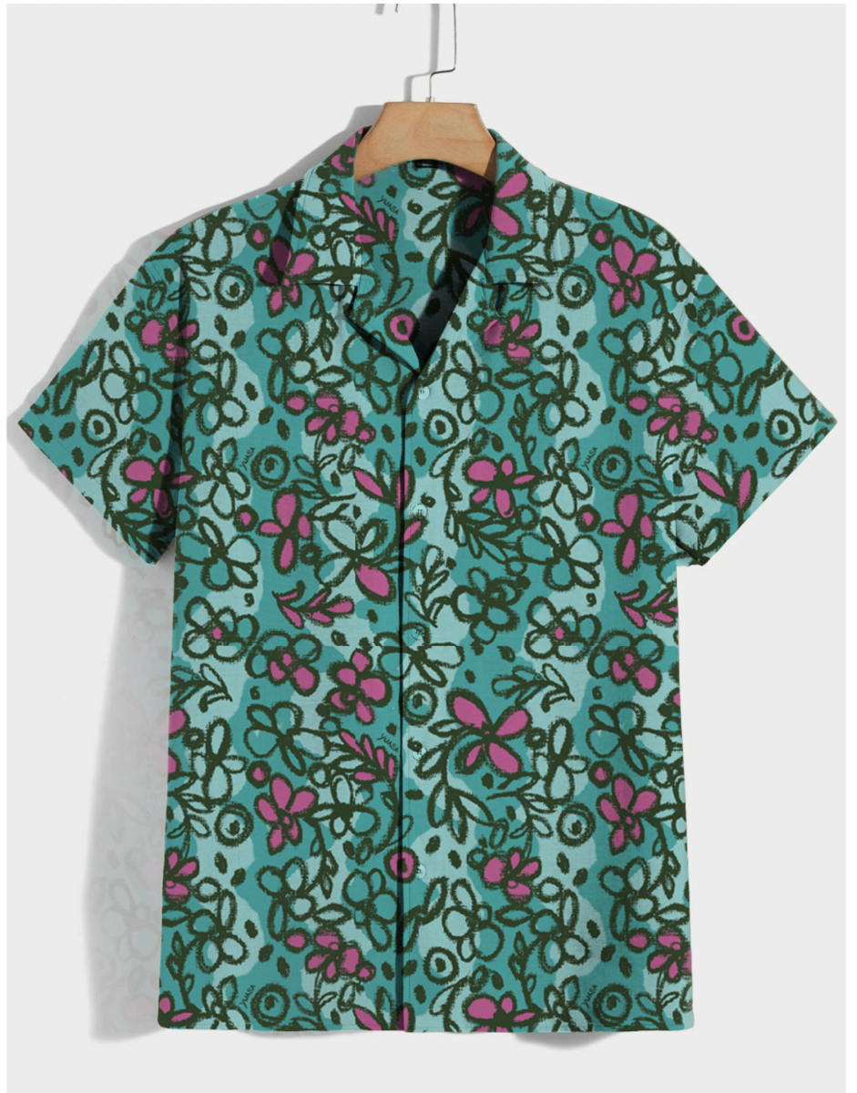 Teal sketchbook cosmos s s shirt with vibrant pink and dark green floral pattern on short sleeved hawaiian fabric